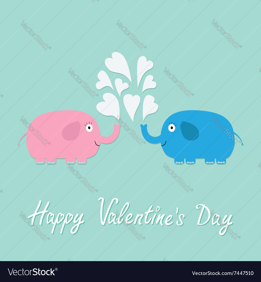 Happy Valentines Day Love card Pink blue elephants