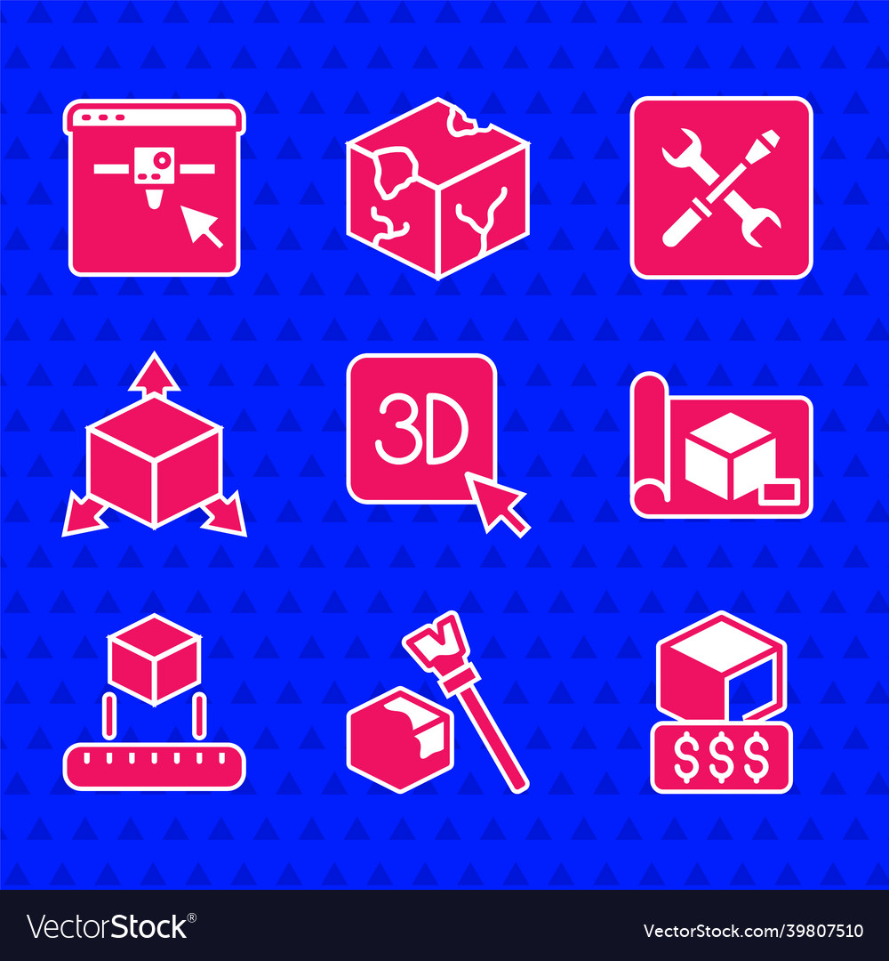 Set 3d printer isometric cube services graphing vector image Set 3d printer isometric cube services graphing