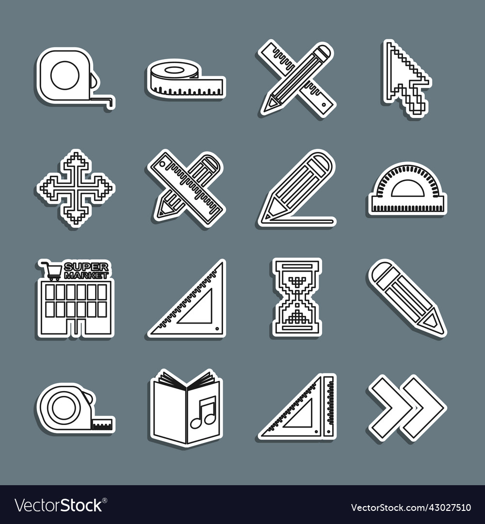Set line arrow pencil protractor grid crossed vector image Set line arrow pencil protractor grid crossed