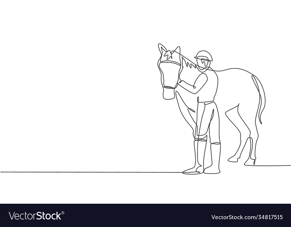 One continuous line drawing young horse rider