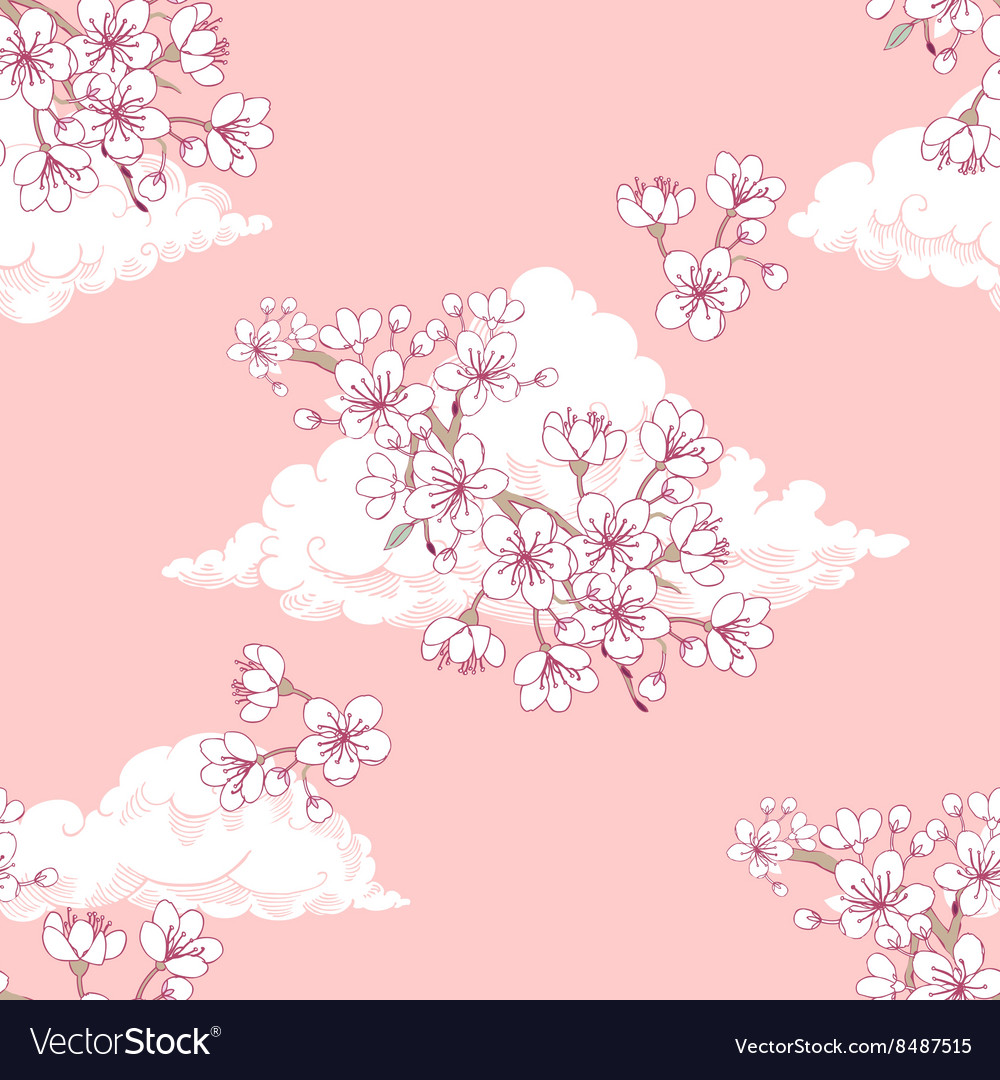 Seamless pattern with sakura and clouds