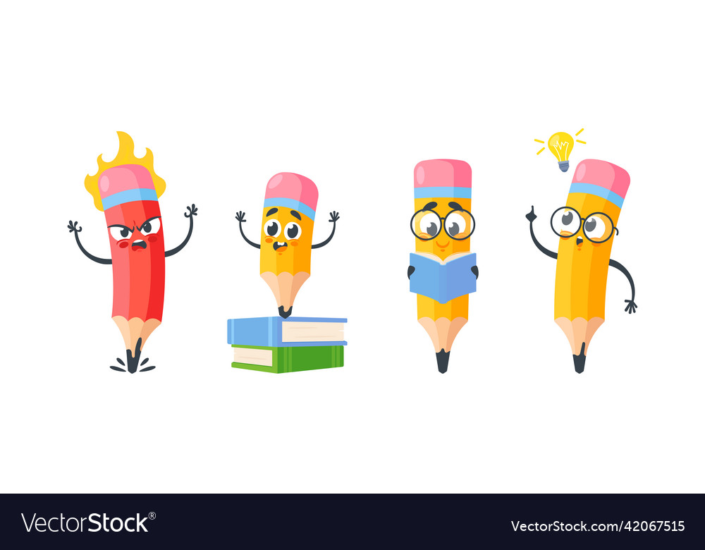 Set Of Humanized Funny Pencils Cartoon Character Vector Image