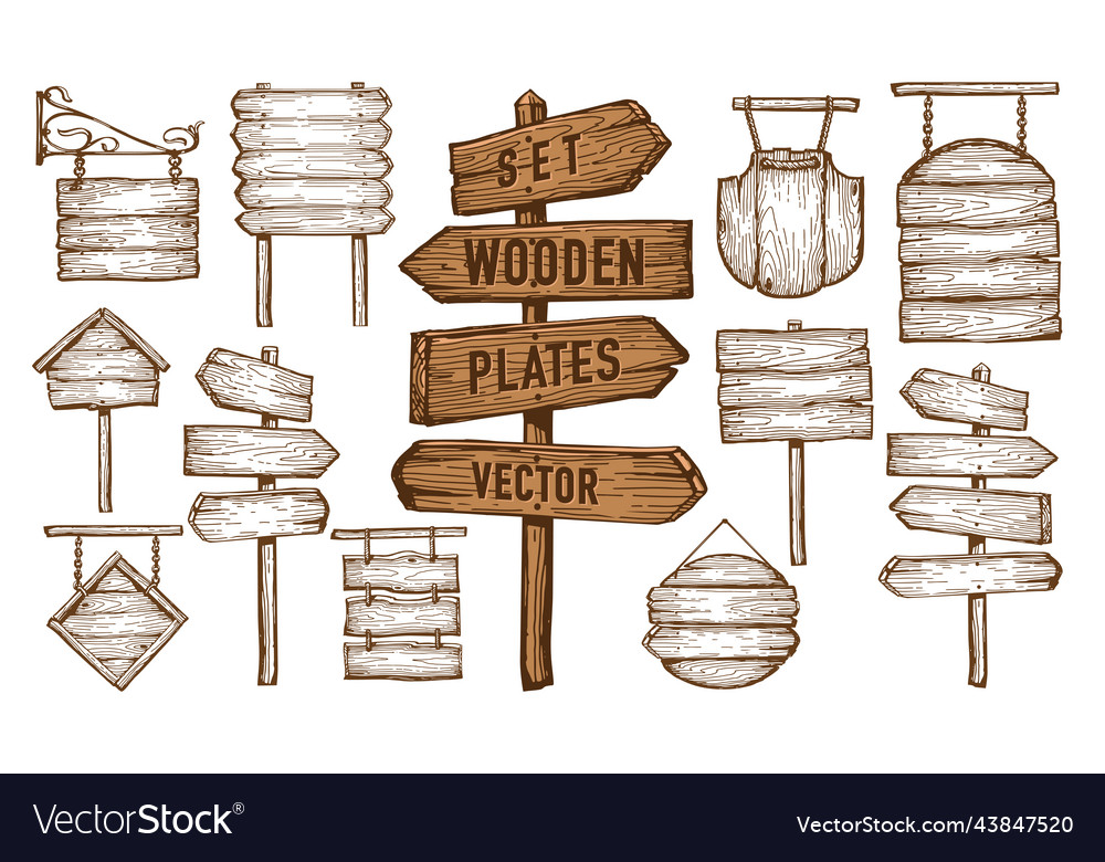 Set Wooden Banner Sign Posts Or Boards Signboard Vector Image