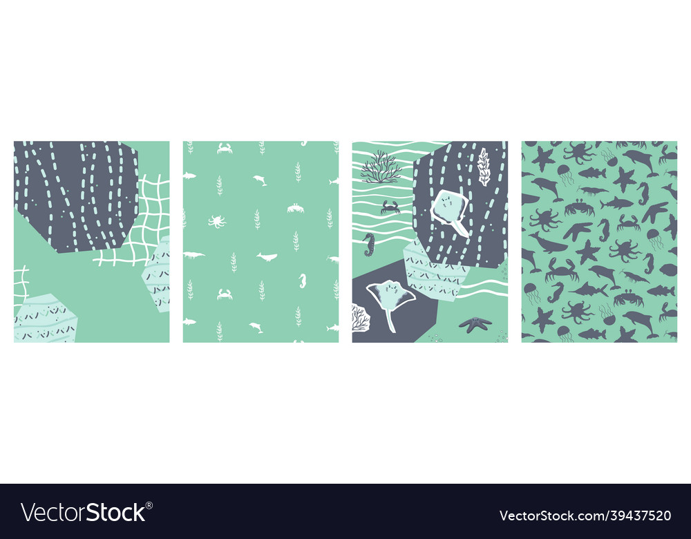 Underwater set of ocean sea posters with cartoon