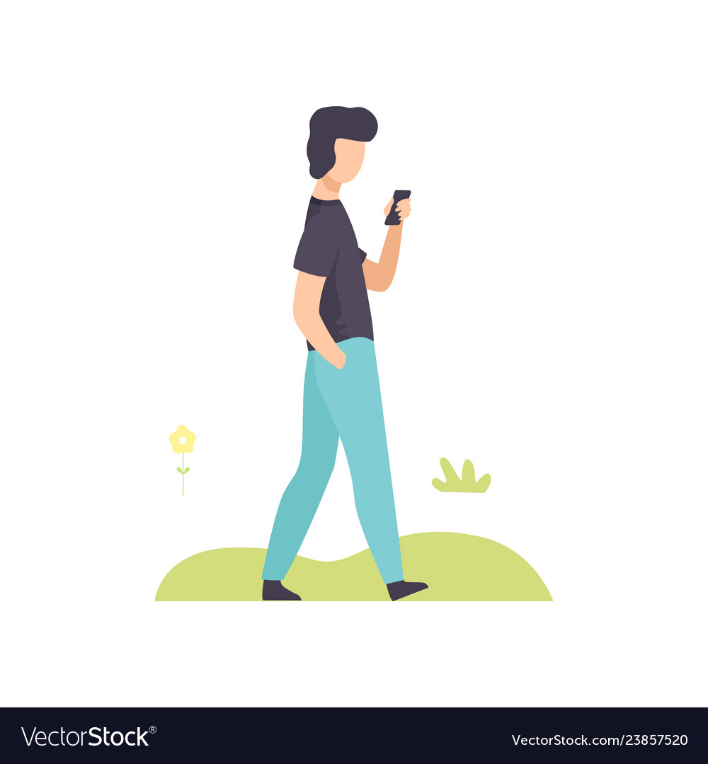 Young man walking with smartphone in park guy Vector Image