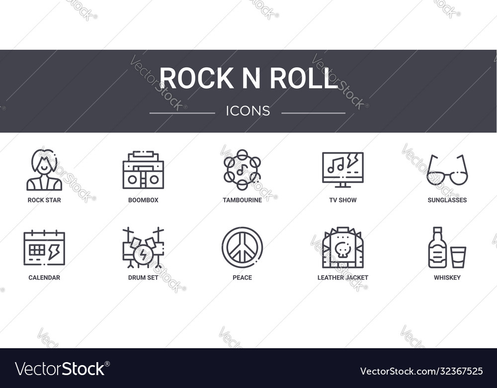 Rock n roll concept line icons set contains