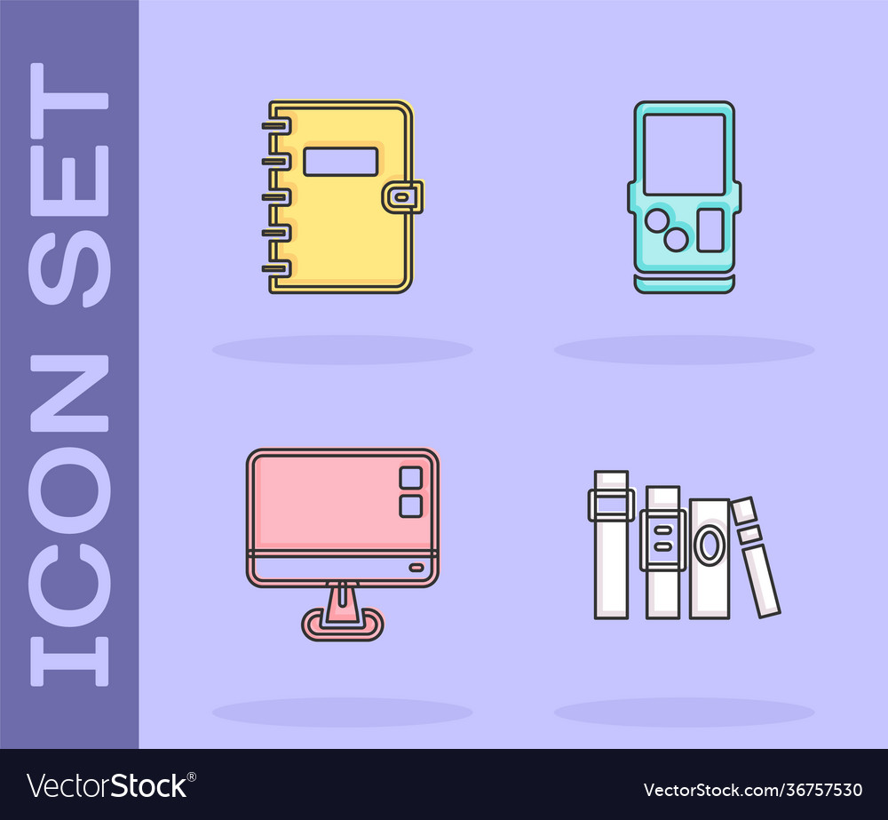Set book spiral notebook computer monitor screen vector image Set book spiral notebook computer monitor screen