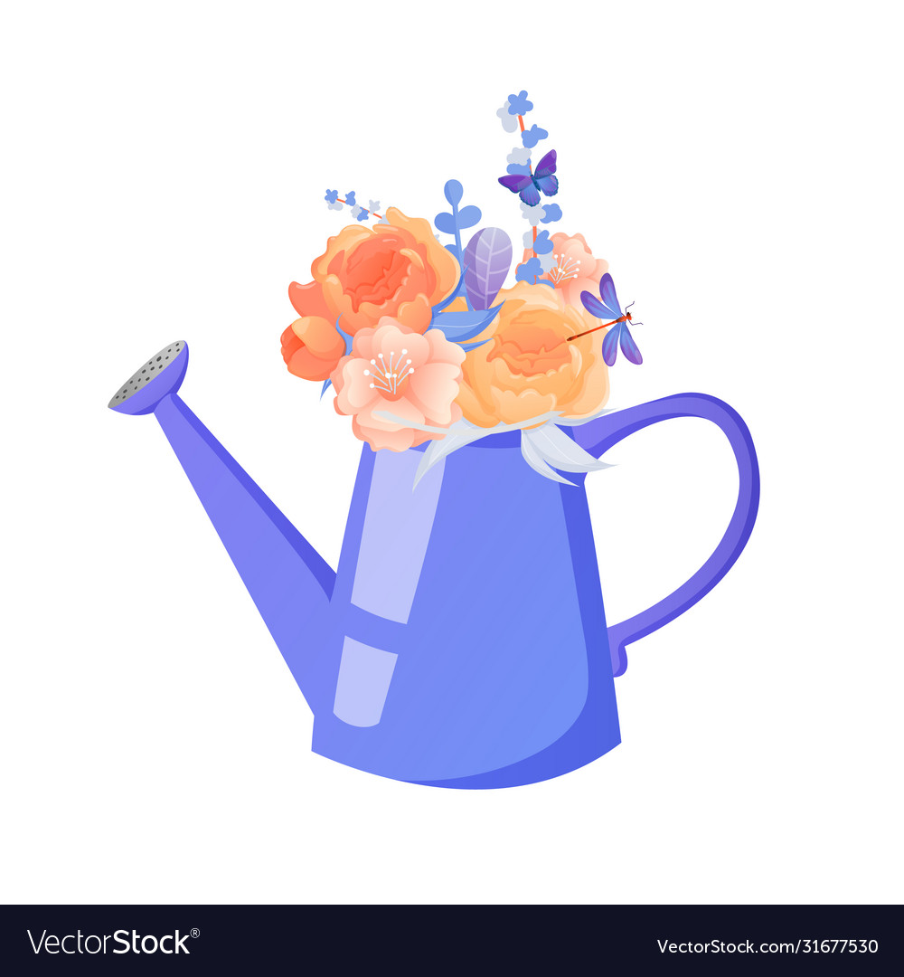 Watering can with summer spring flowers bouquet