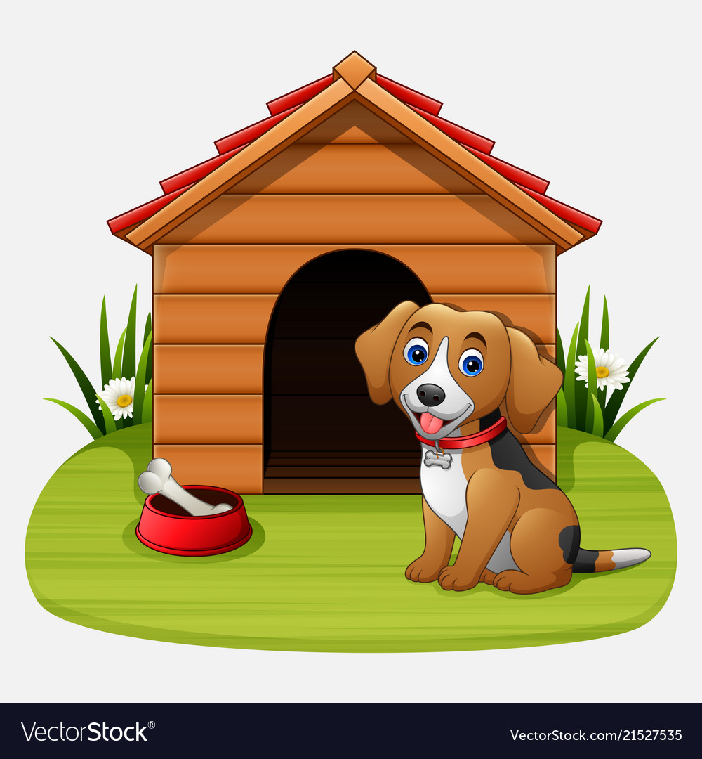 Cute dog sitting in front kennel Royalty Free Vector Image