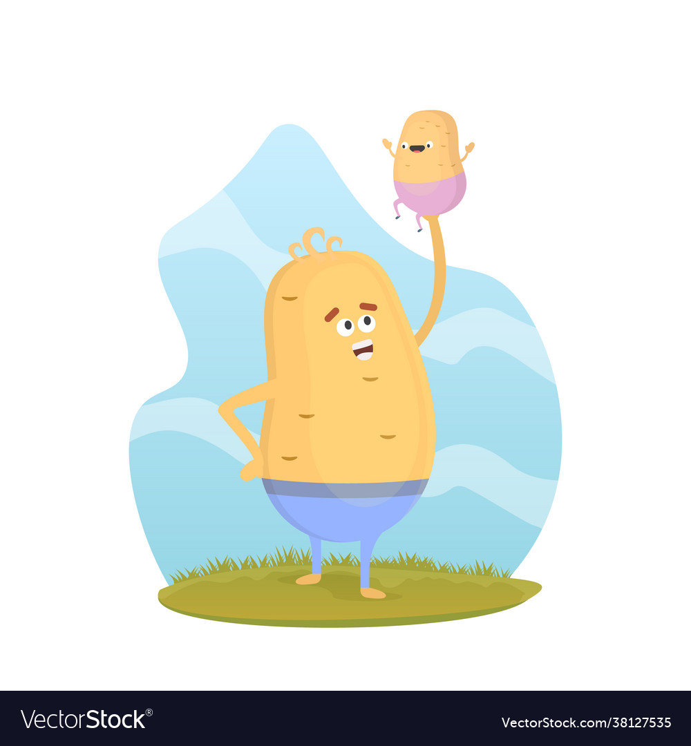 Potato man character walking with young