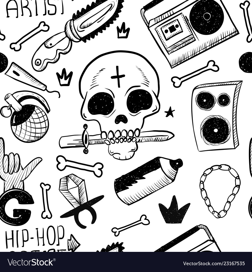 Rap music hip hop doodle pattern with