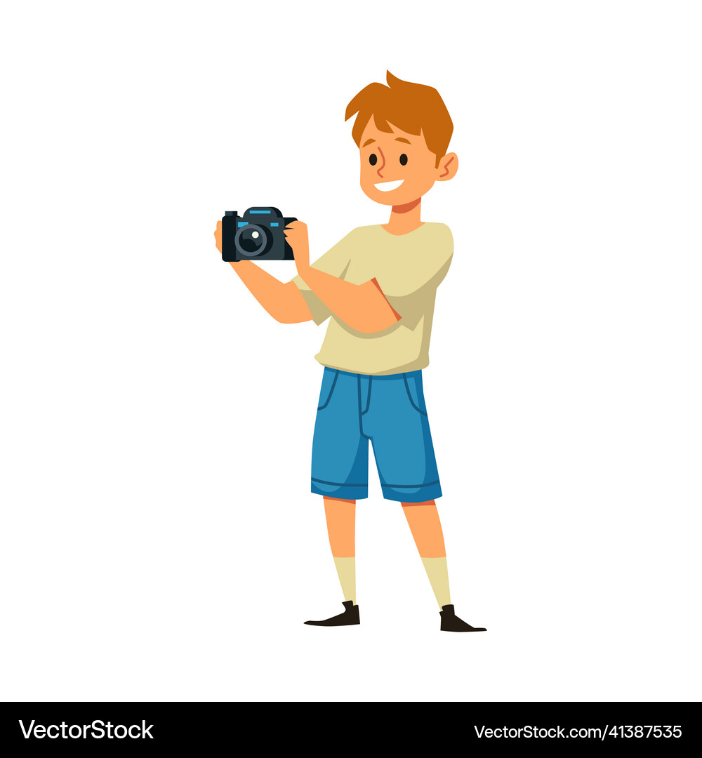 Smiling boy with professional camera taking Vector Image