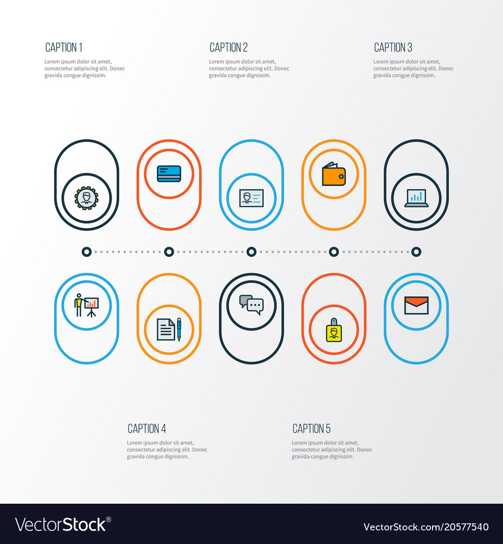 Business icons colored line set with introducing