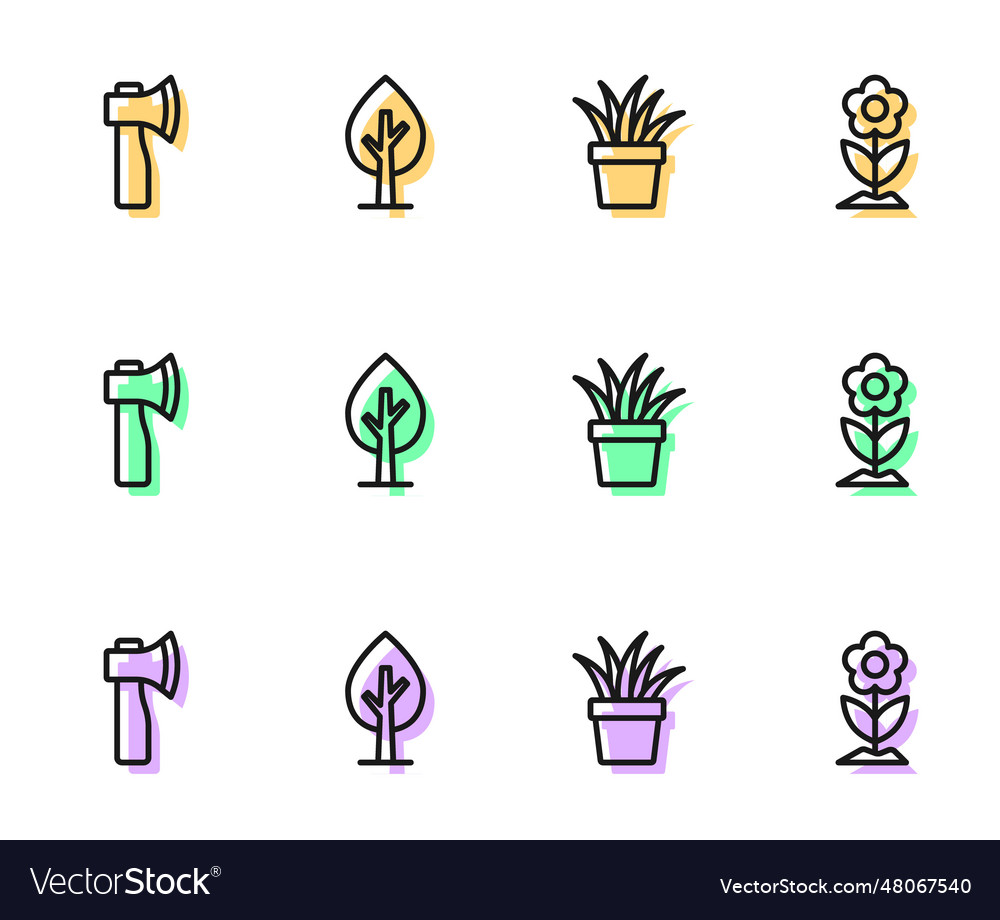 Set line plant in pot wooden axe tree and flower