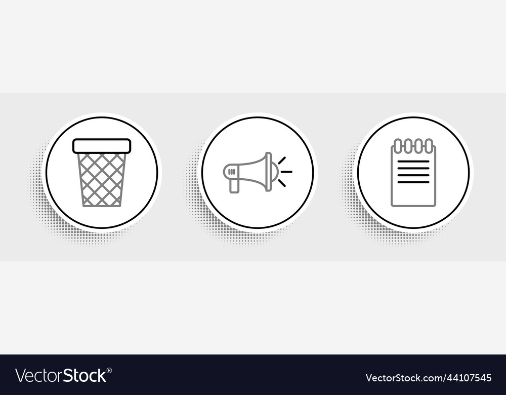 Set line notebook trash can and megaphone icon vector image Set line notebook trash can and megaphone icon