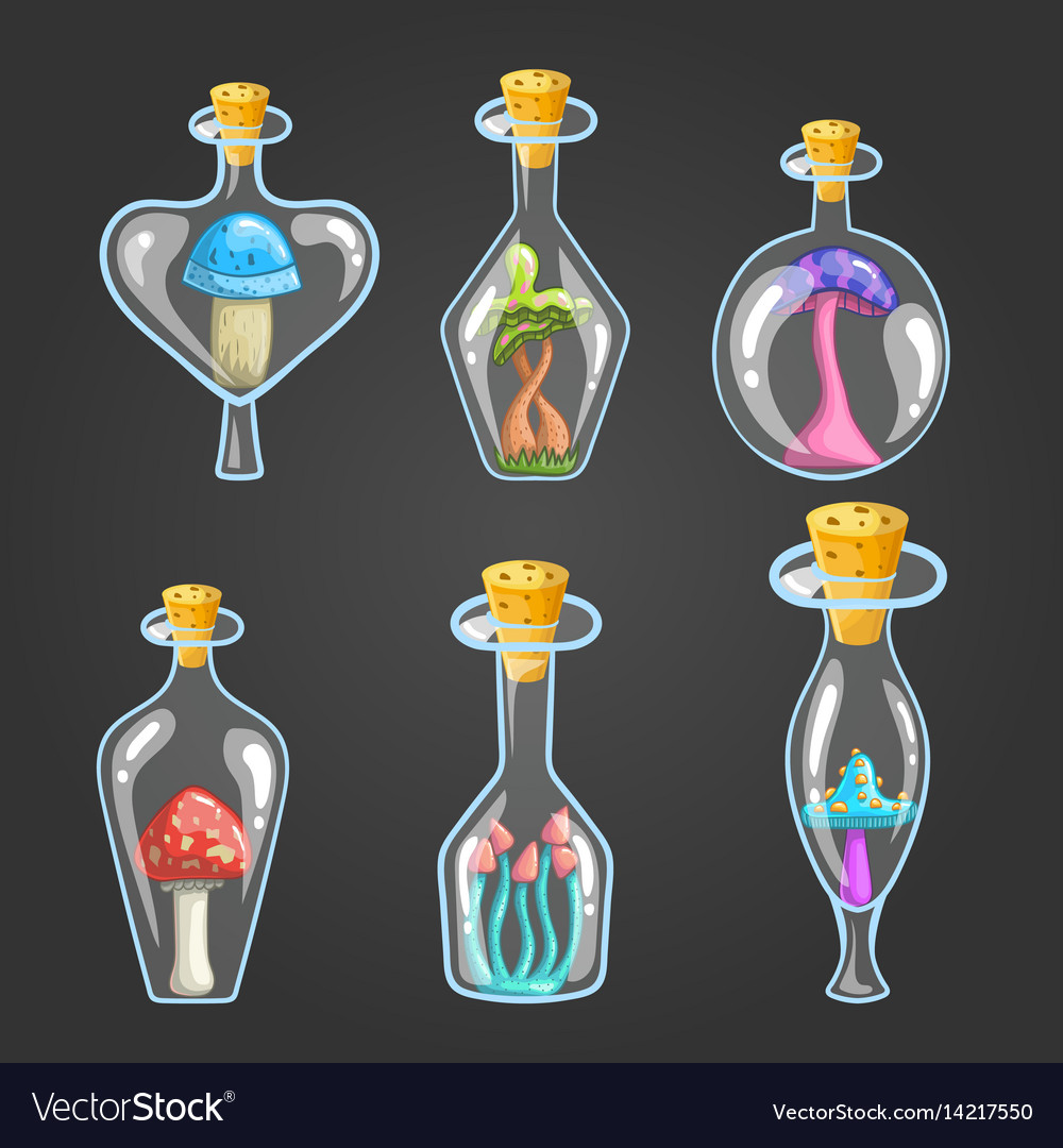 Big set of different bottle with mushrooms