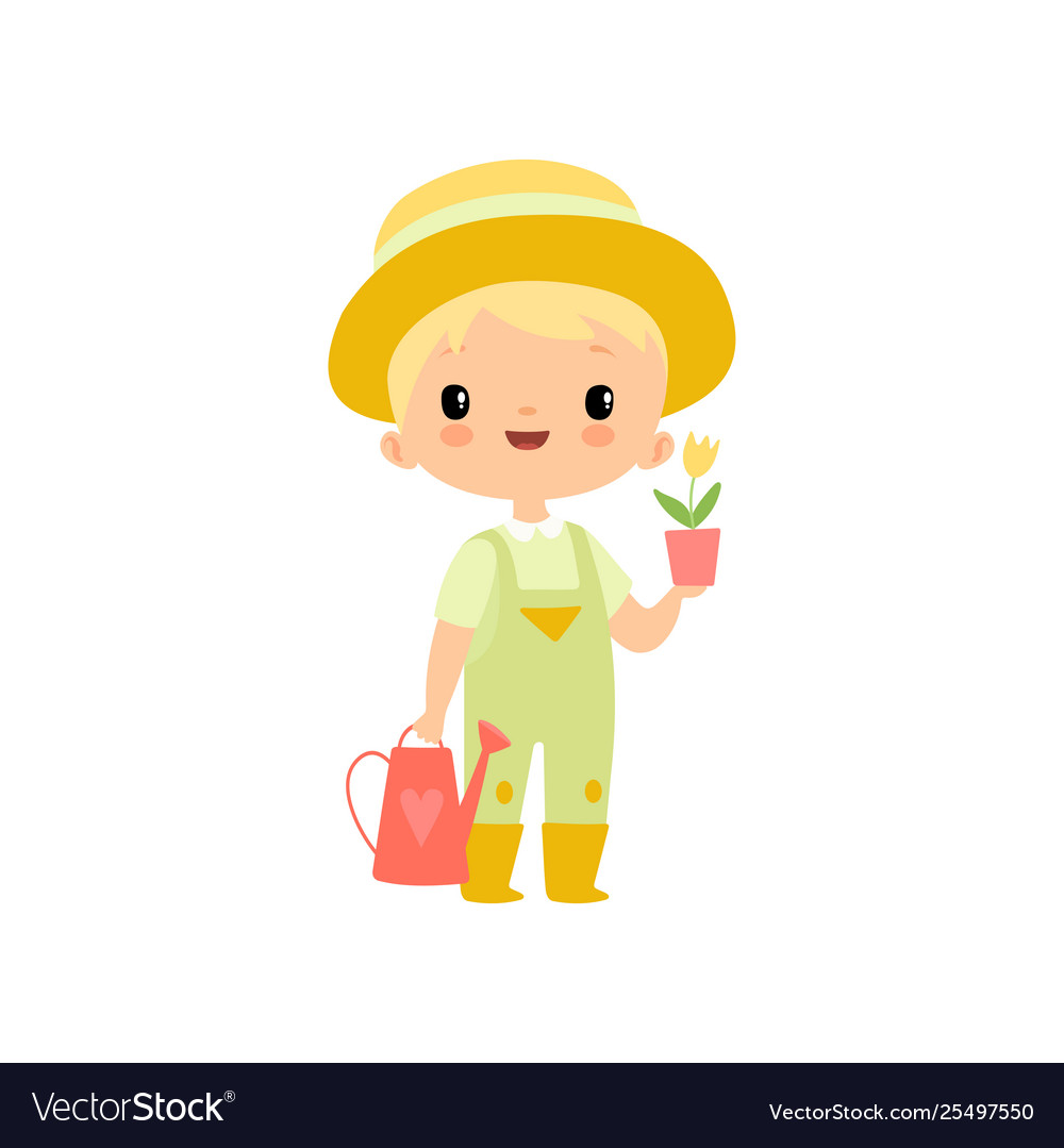 Cute Boy Farmer with Watering Can