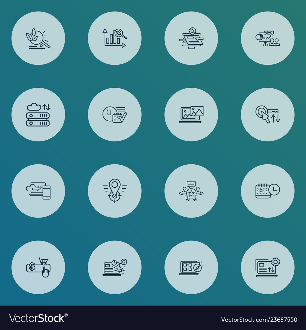 Optimization icons line style set with seo hosting vector image Optimization icons line style set with seo hosting