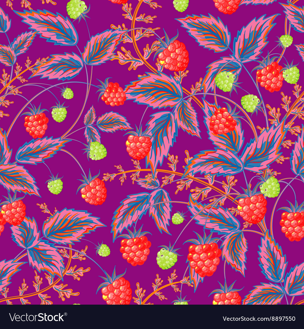 Seamless pattern with leaves and raspberry
