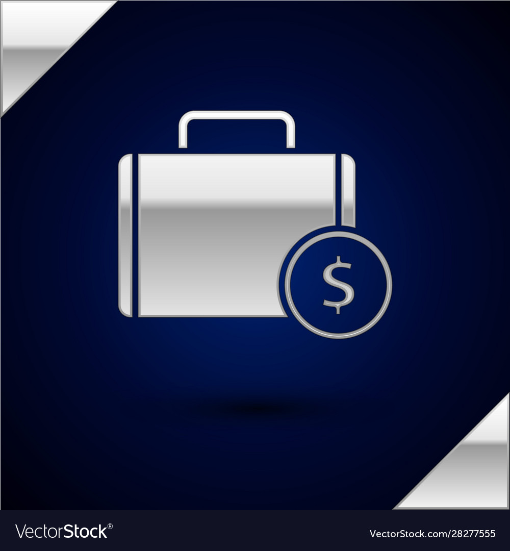 Silver briefcase and money icon isolated on dark