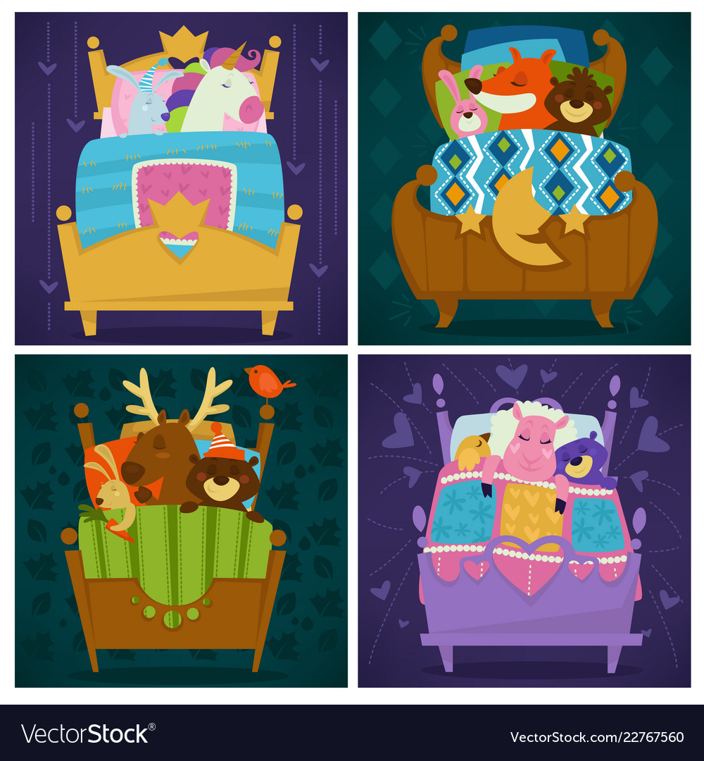 Cozy Animal Illustrations
 Animals sleeping in bed fairytale pets asleep set Vector Image