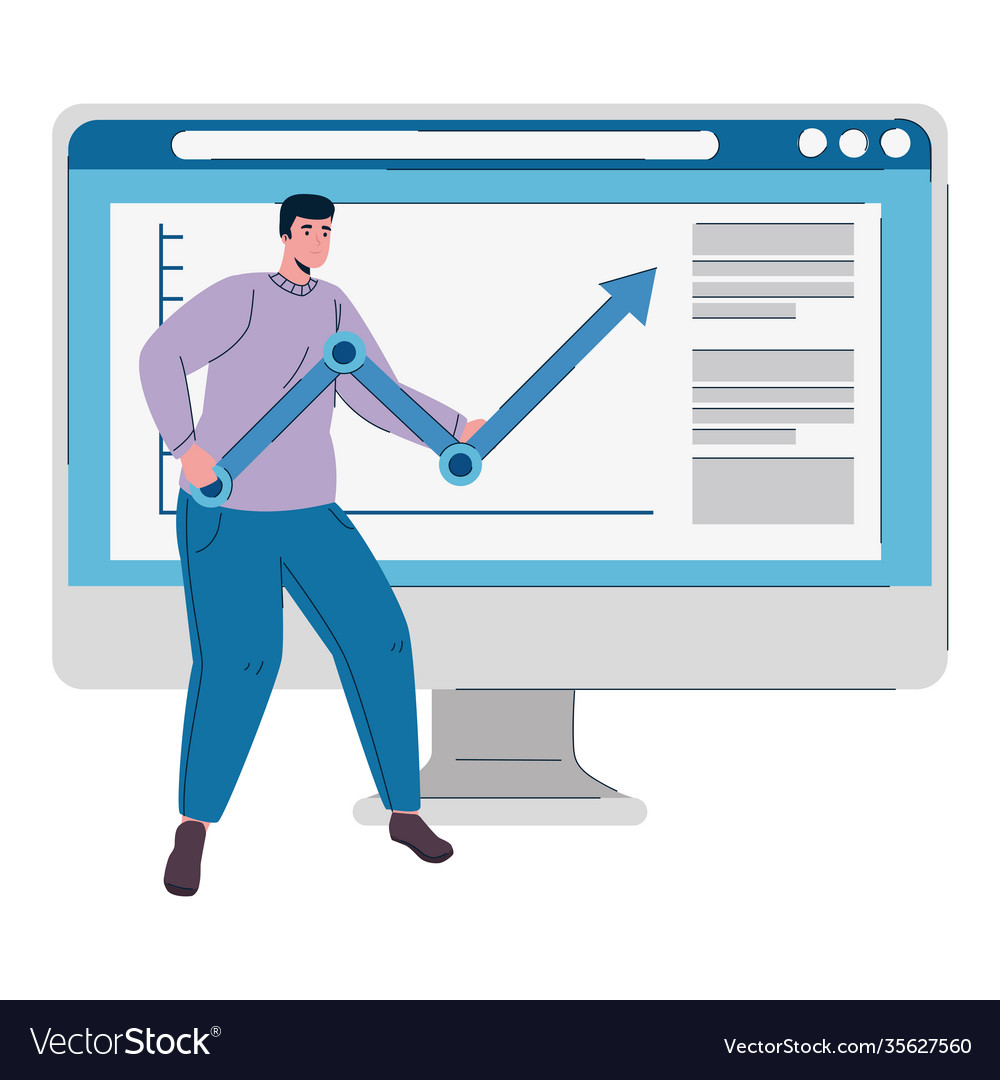 Desktop computer with man lifting statistics arrow Vector Image Desktop computer with man lifting statistics arrow