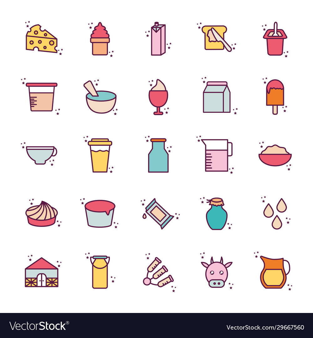 Isolated dairy line and fill style icon set