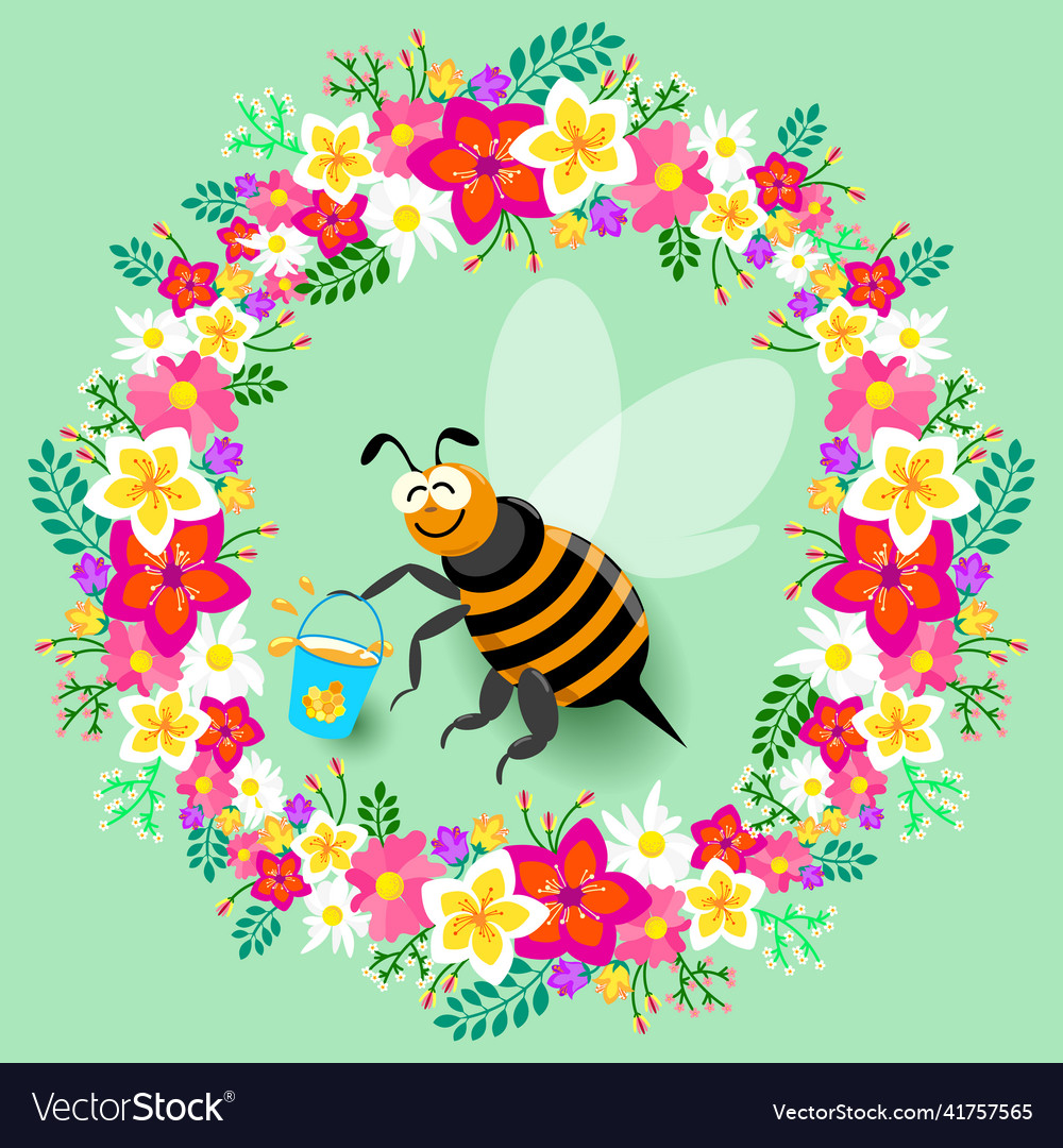 Cheerful bee with a bucket of honey