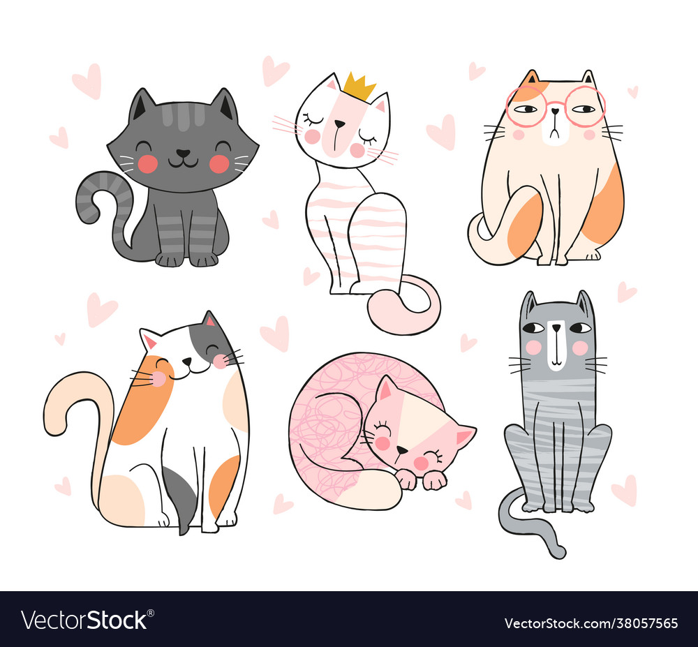 Collection cute doodle hand drawn cats