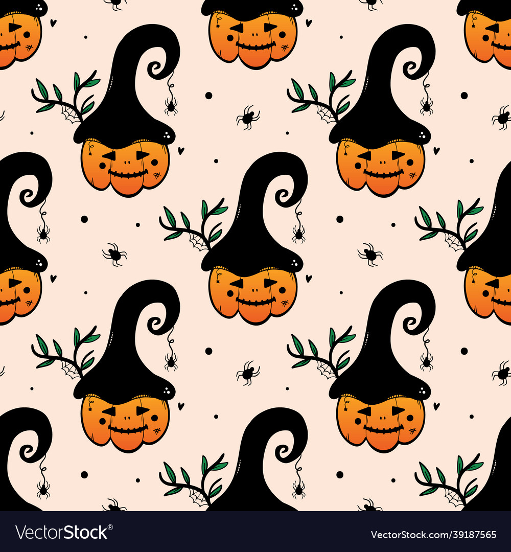 Jack o lantern characters in hats pattern vector image Jack o lantern characters in hats pattern