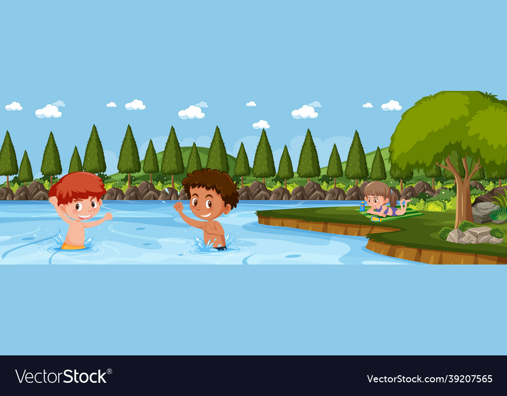 Panorama Landschaft Szene mit vielen Kindern Schwimmen vector image Panorama Landschaft Szene mit vielen Kindern Schwimmen