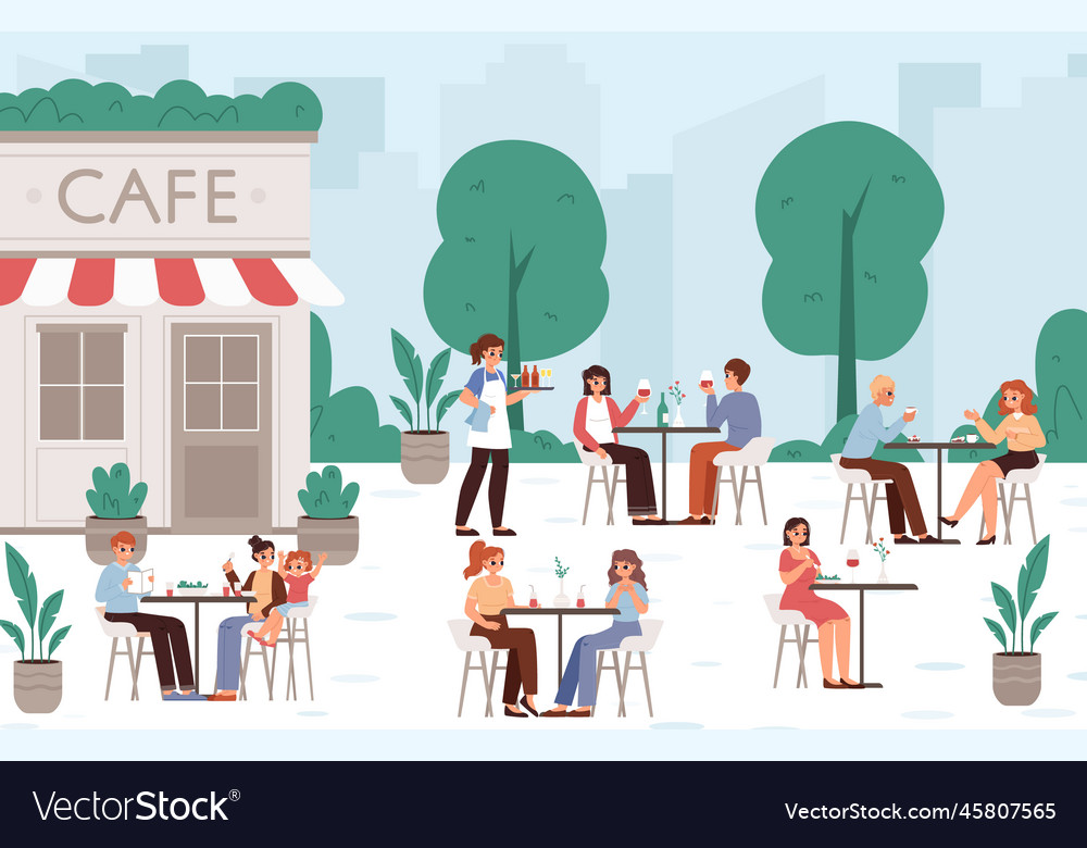 People in summer cafe drinking and eating food Vector Image