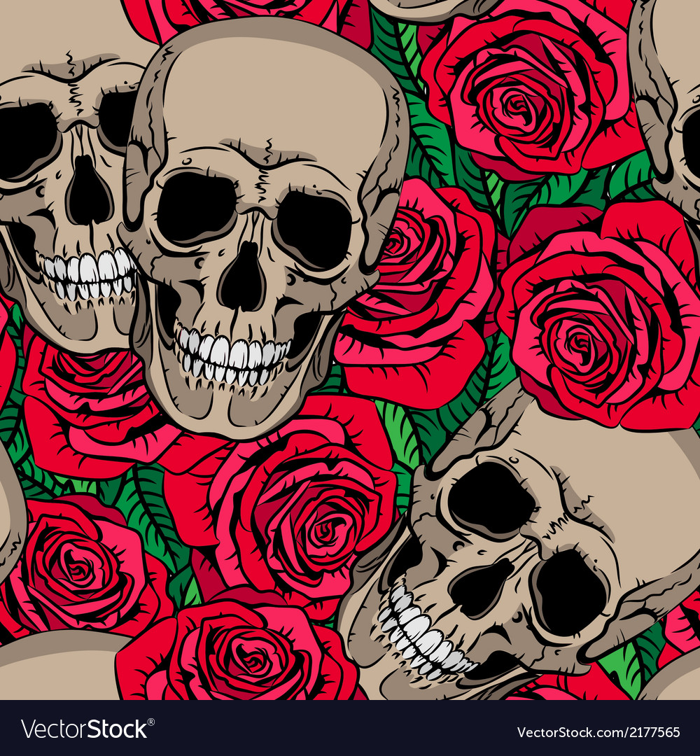 Seamless pattern with skulls and red roses Vector Image