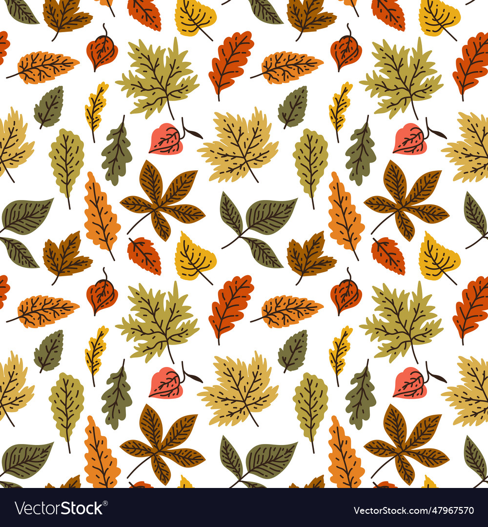 Autumn seamless pattern with different leaves vector image Autumn seamless pattern with different leaves