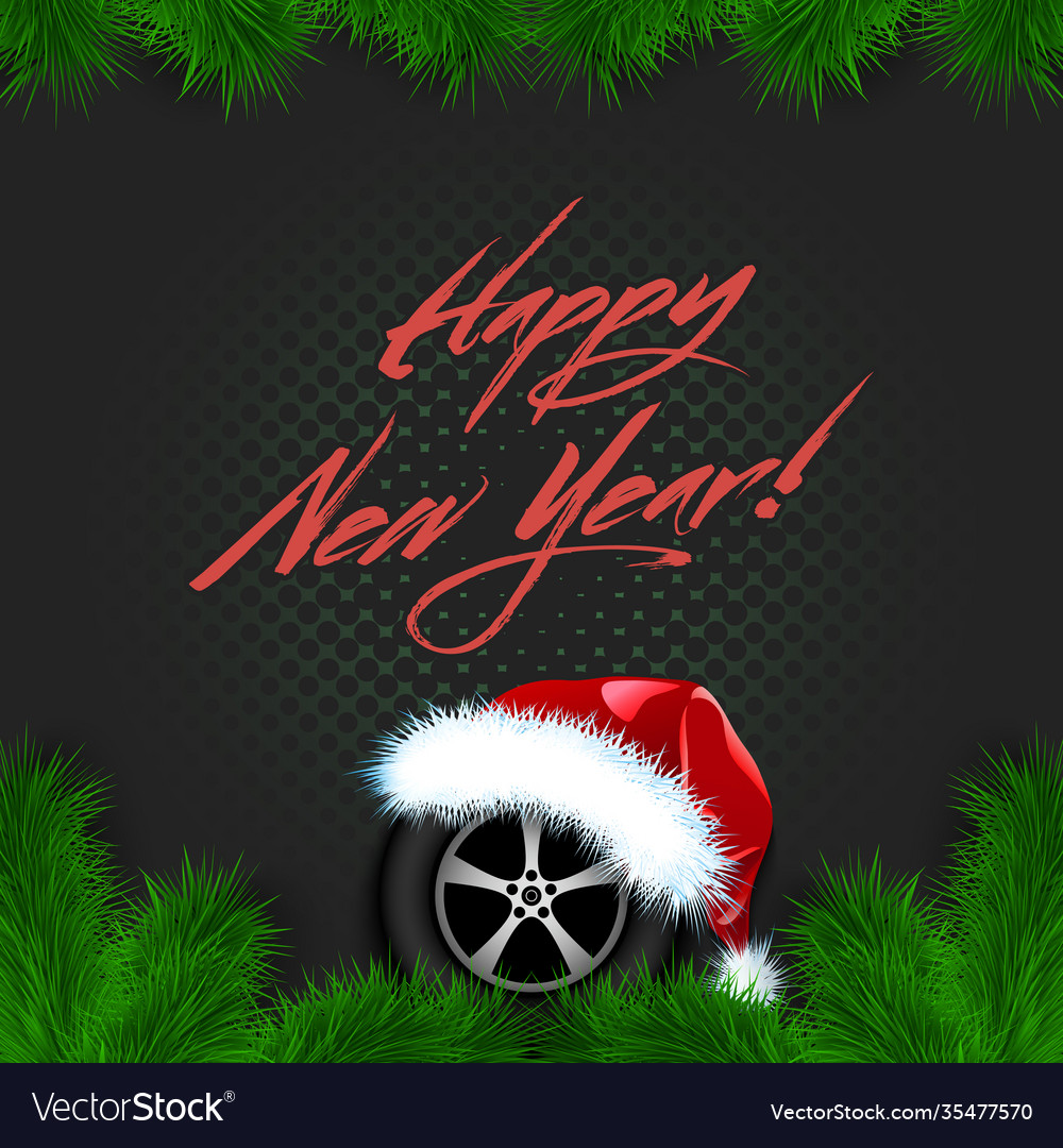 Happy new year car wheel in a santa hat