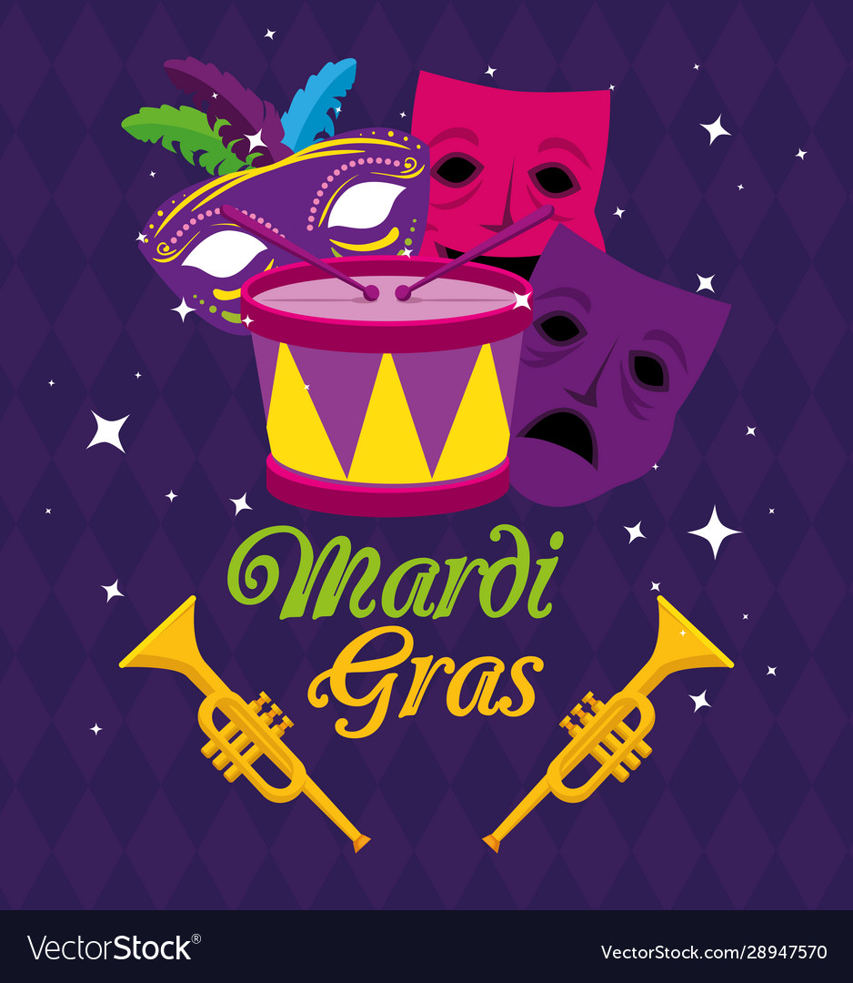 Mardi gras masks trumpets and drum design