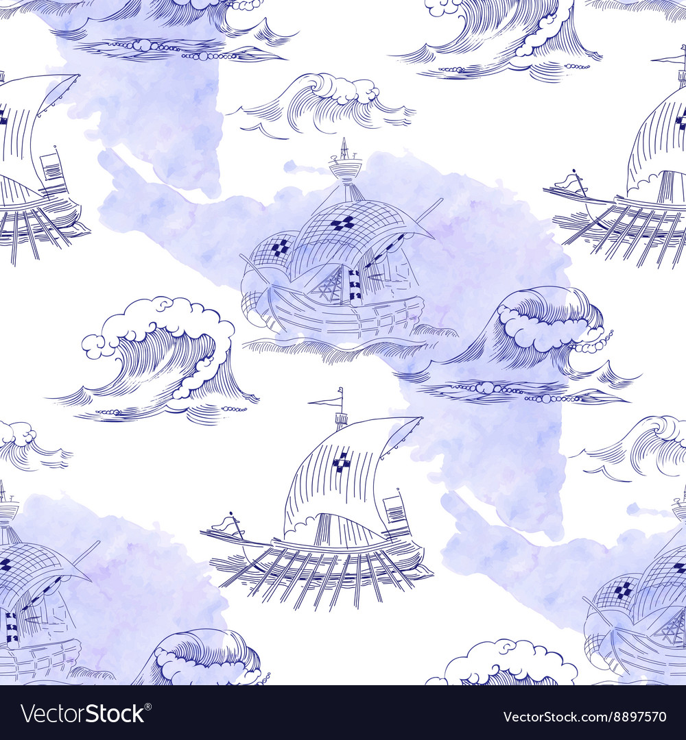 Seamless pattern with waves and ships