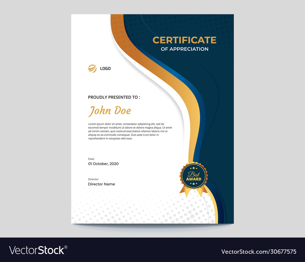 Vertical dark blue and gold waves certificate