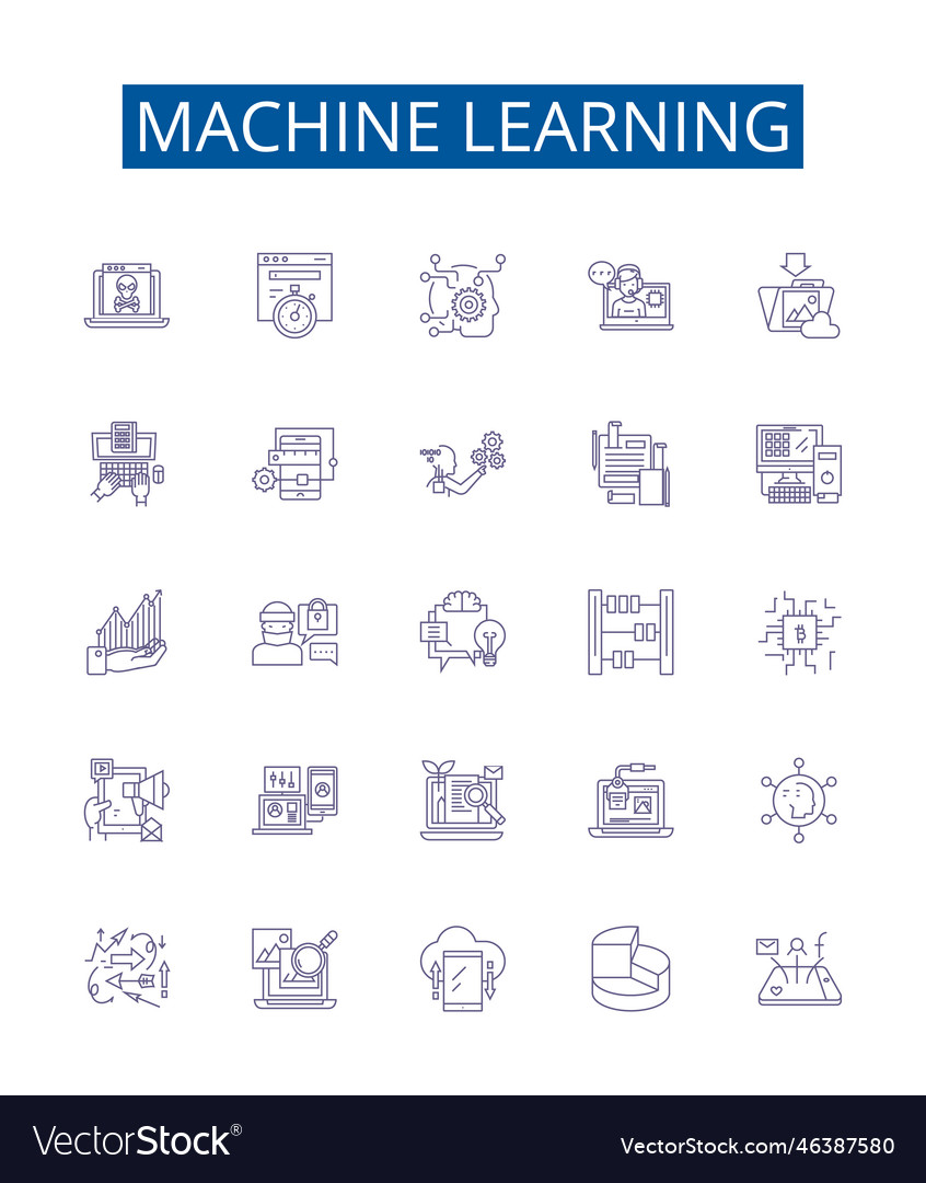 Machine learning line icons signs set design vector image Machine learning line icons signs set design