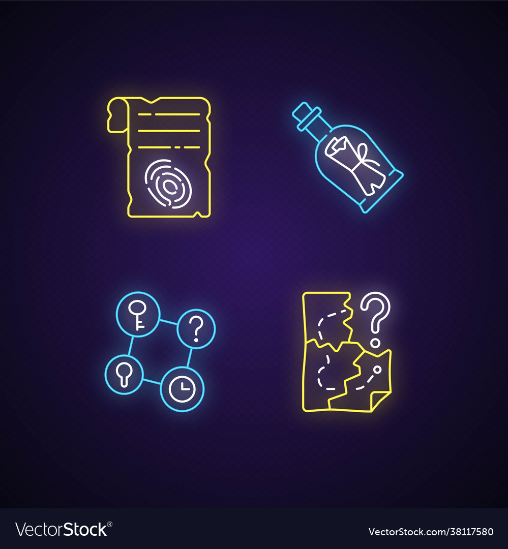 Mystery quest neon light icons set