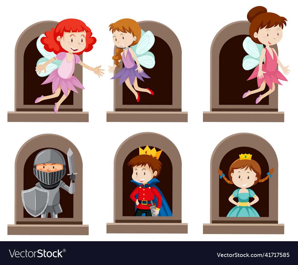 A set of fantasy character by the window on white