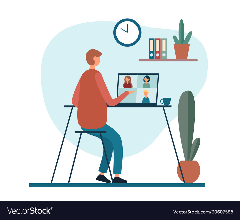 Man working remotely from house having video call vector image Man working remotely from house having video call