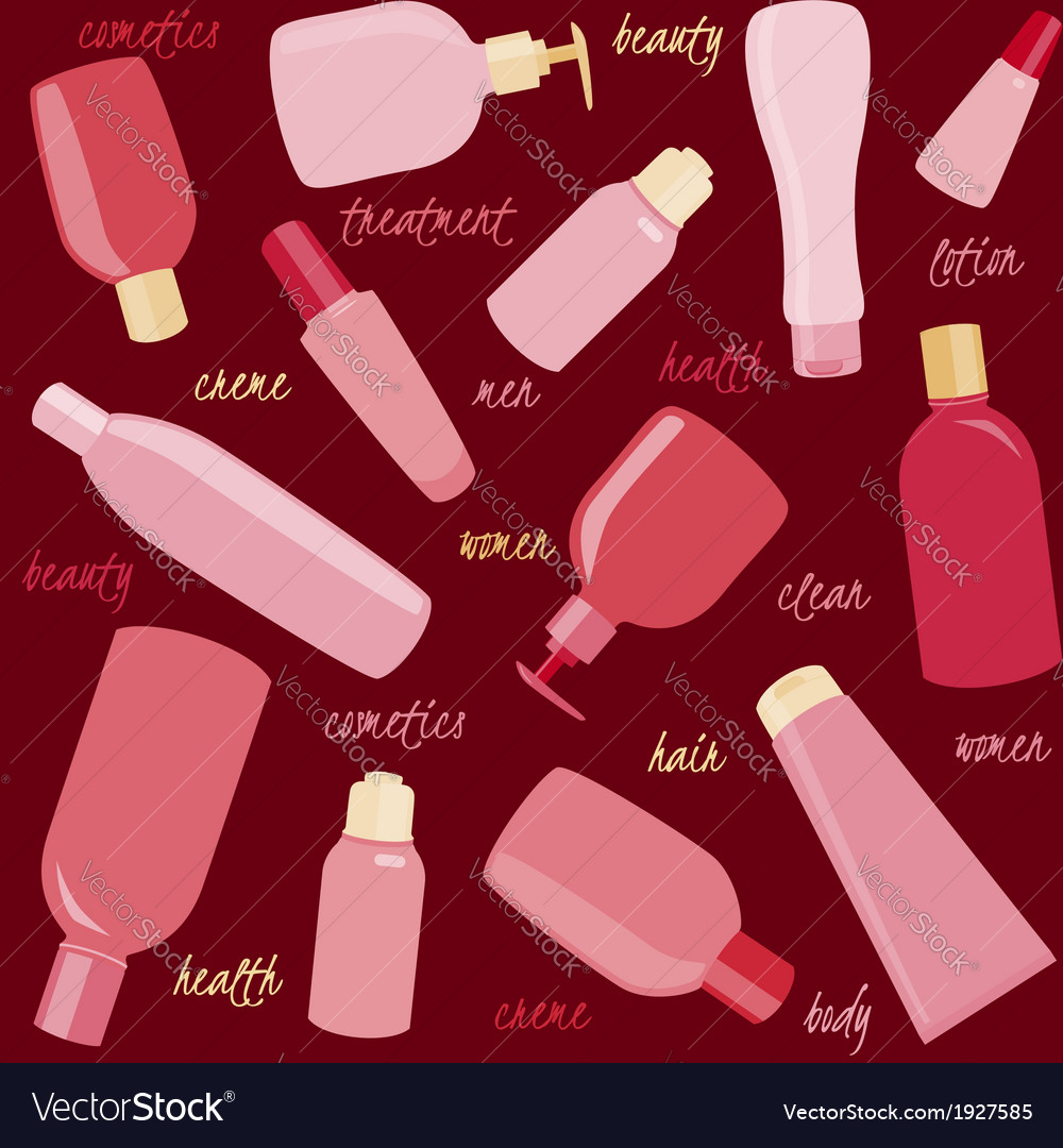 Seamless pattern with cosmetics bottles and text