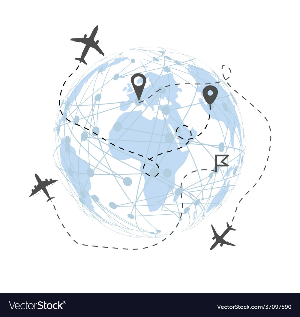 Airplanes over blue map with routes vector image Airplanes over blue map with routes