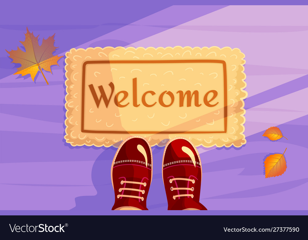 Welcome doormat with yellow leaves and red shoes vector image Welcome doormat with yellow leaves and red shoes
