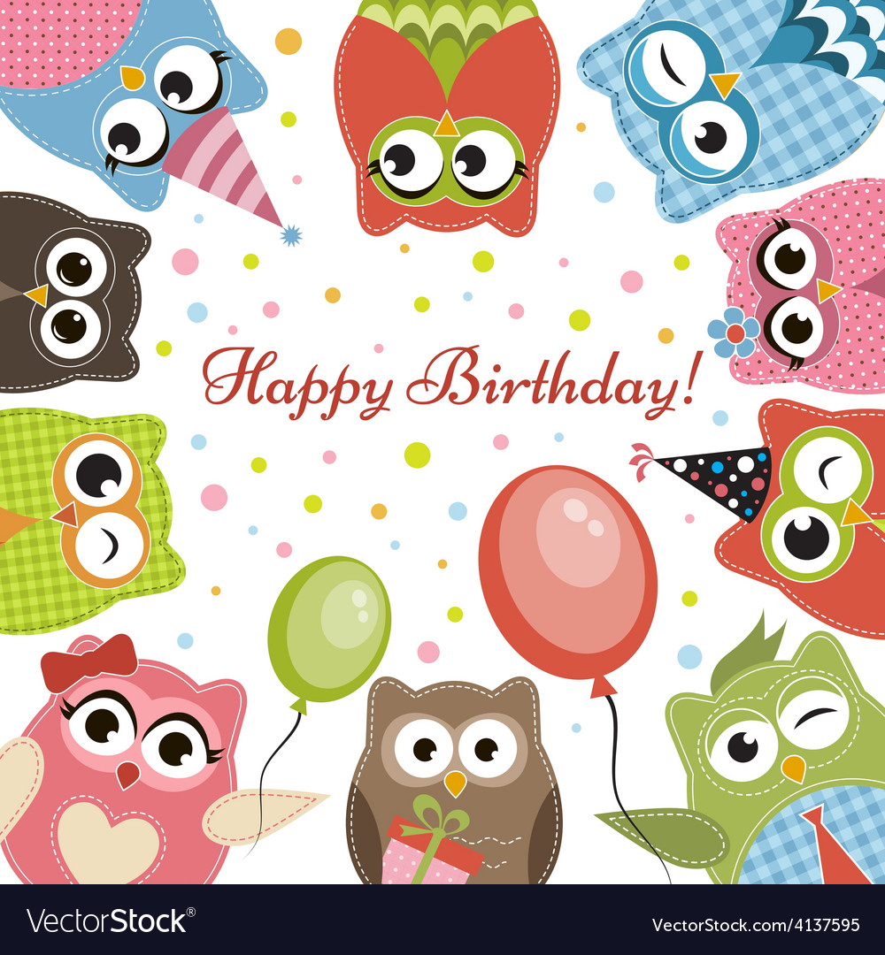 Birthday card with cute owls Royalty Free Vector Image