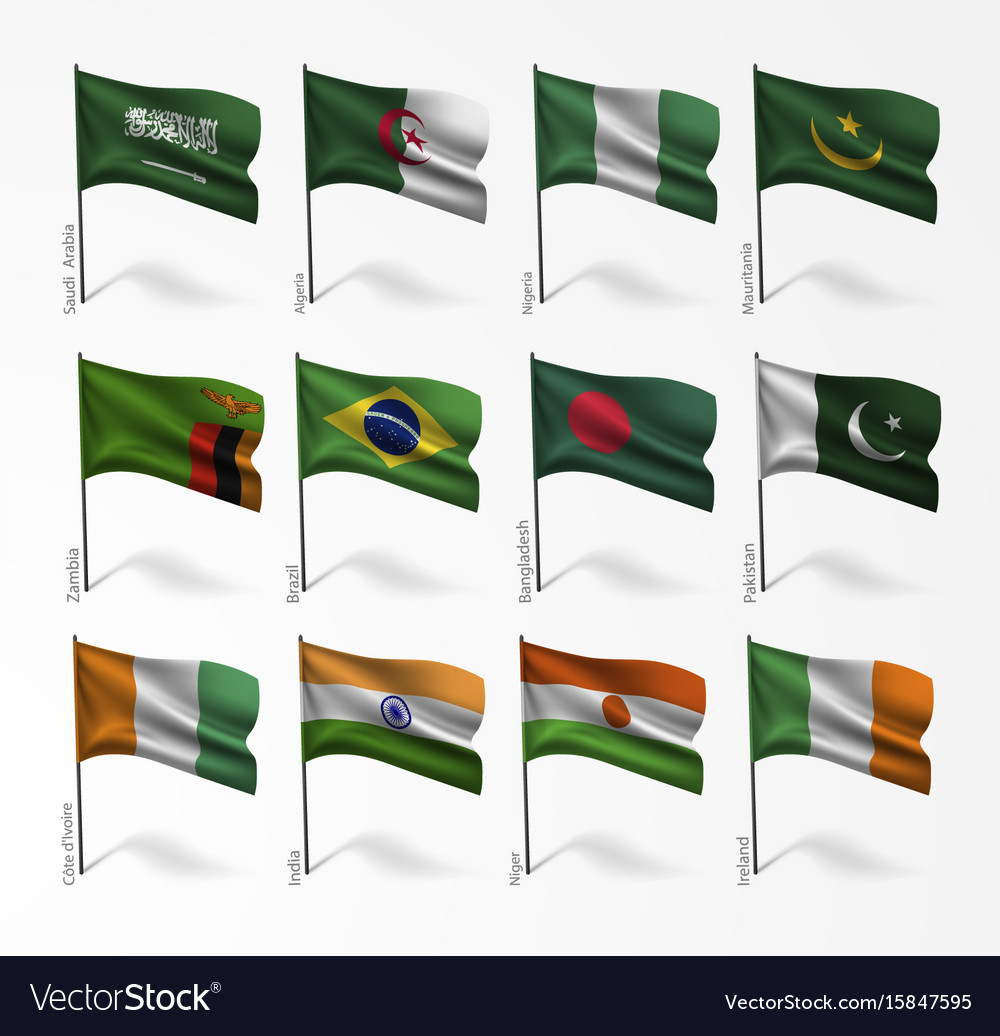 Collection of flags world on flagpole