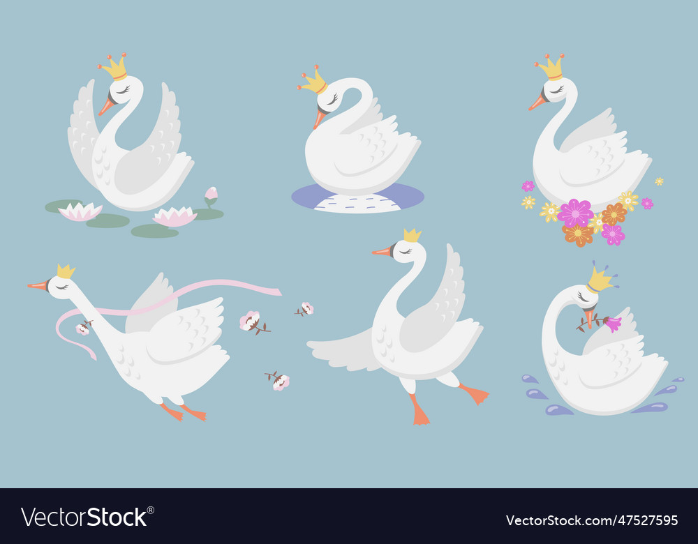 Cute princess swan flat icon set Royalty Free Vector Image