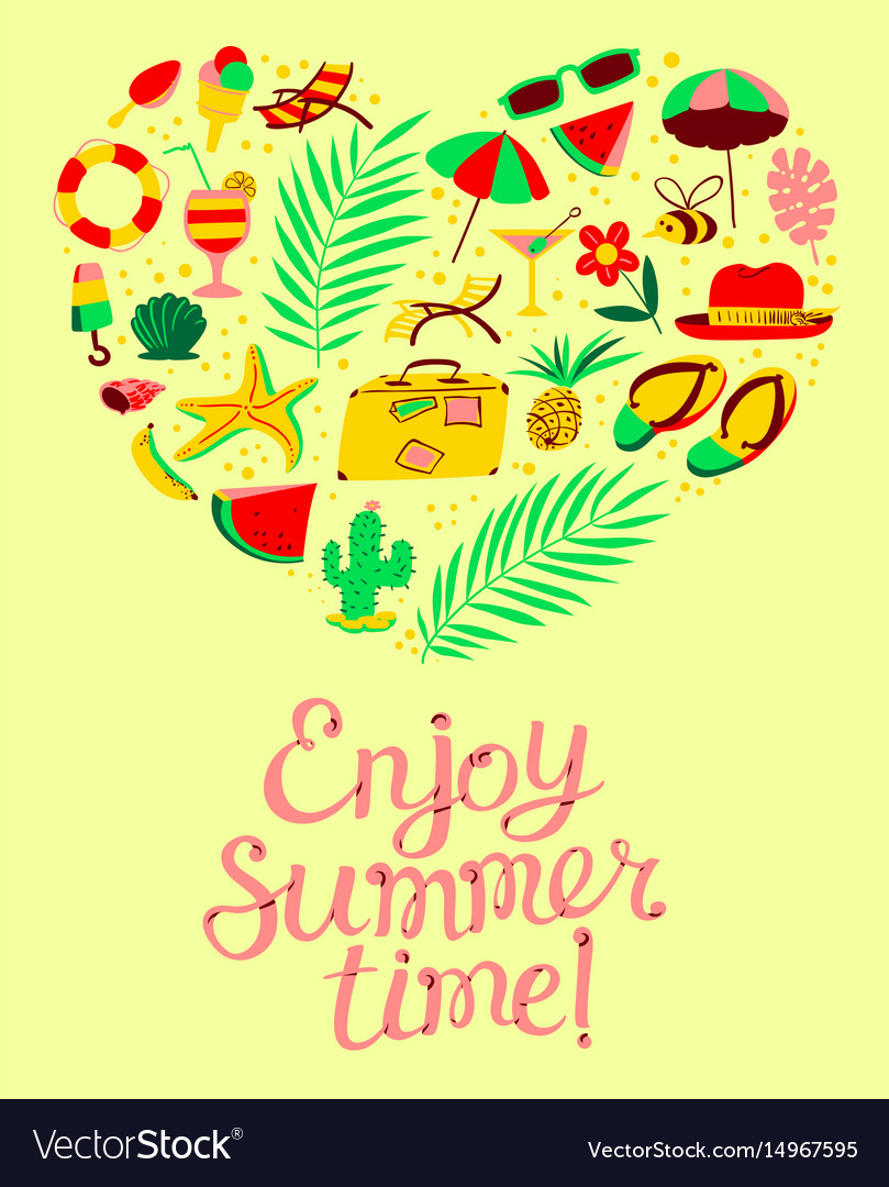 Summer objects set in heart silhouette enjoy