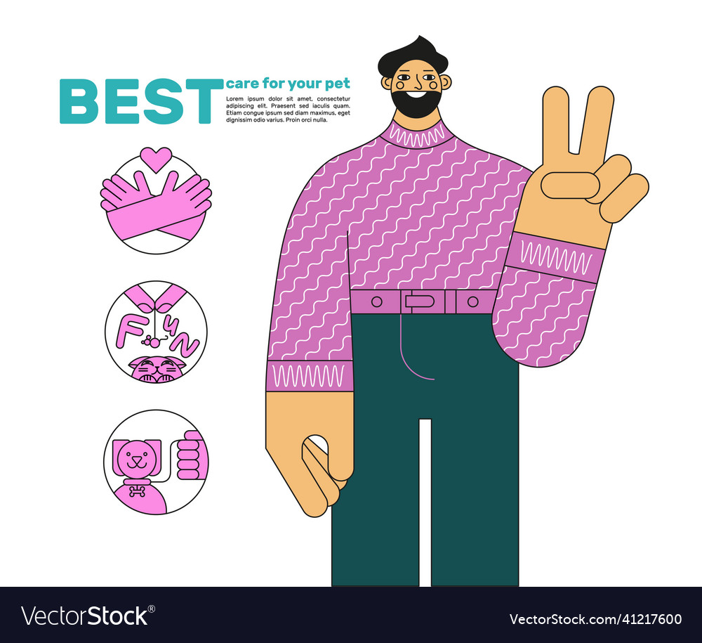 Character guy with pets icons and text block Vector Image Character guy with pets icons and text block